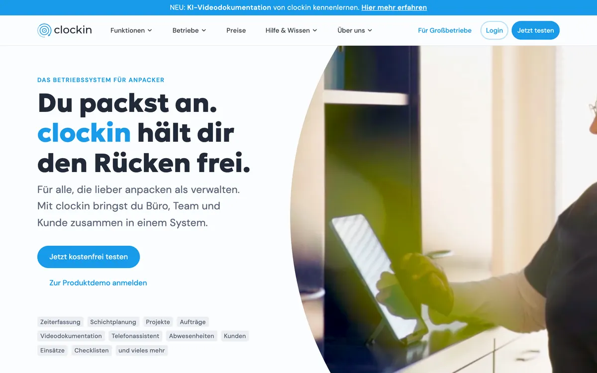 Screenshot der Startseite von clockin.de, aufgenommen im August 2026