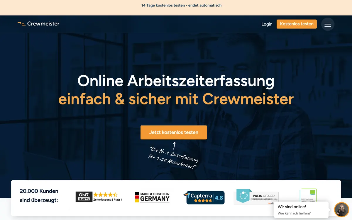 Screenshot der Startseite von crewmeister.com, aufgenommen im August 2026