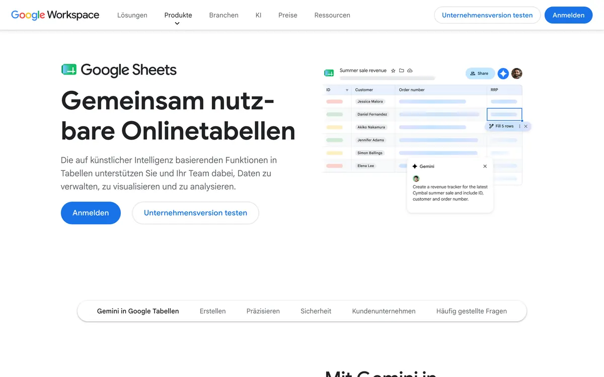 Screenshot der Startseite von google.com/sheets, aufgenommen im August 2026