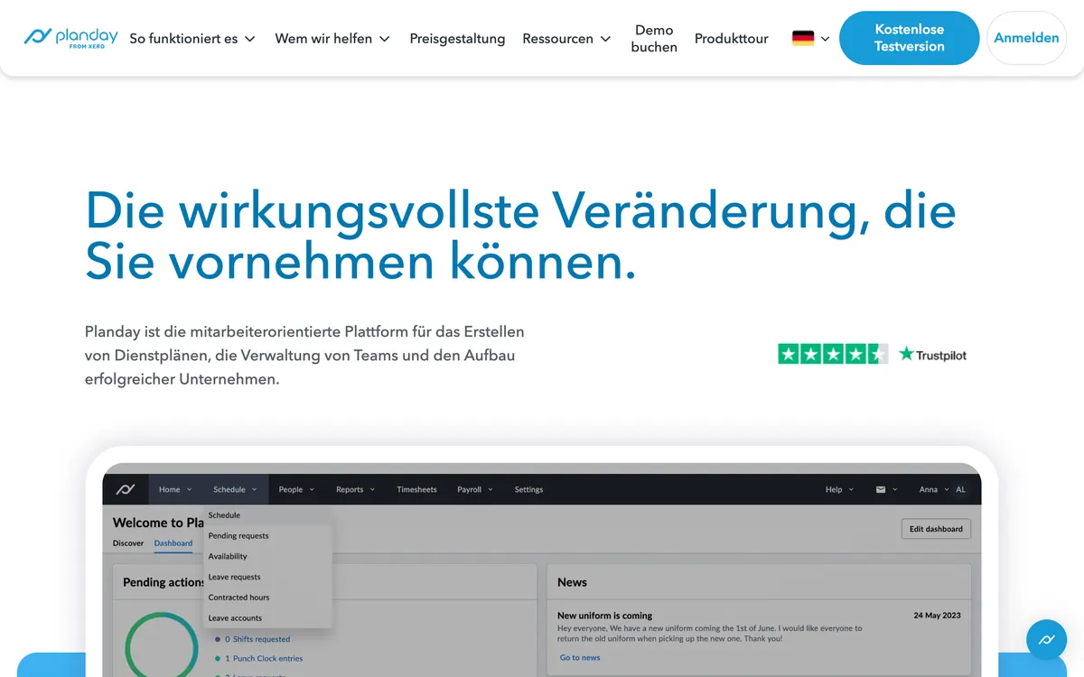 Screenshot der Startseite von planday.com, aufgenommen im August 2026