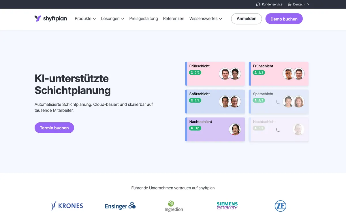 Screenshot der Startseite von shyftplan.com, aufgenommen im August 2026